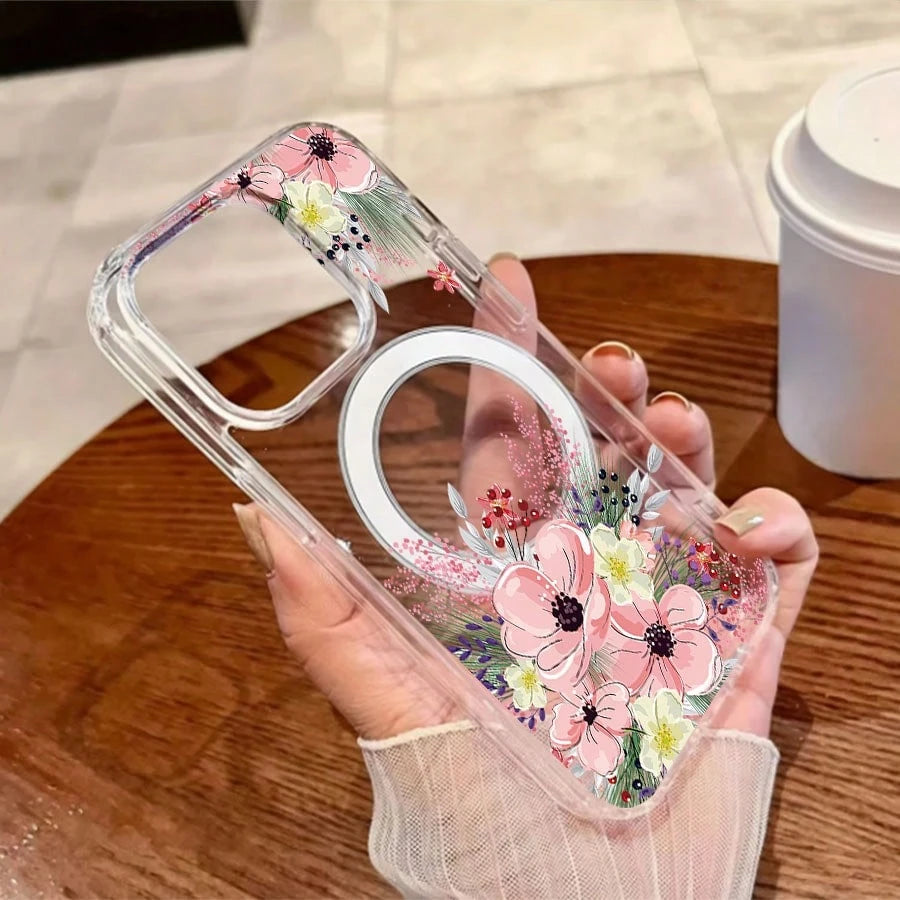 Floral Mobile Phone Case, Designed With Pink Flowers And Greenery Accents, Suitable For IPhone 16, 15, 14, 13, 12 And 11 Pro Models, Made Of TPU Material, And Provides Shockproof Protection. Perfect F