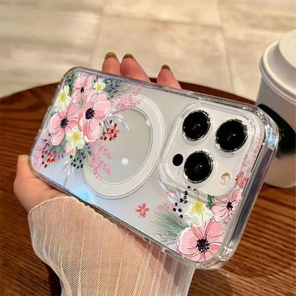 Floral Mobile Phone Case, Designed With Pink Flowers And Greenery Accents, Suitable For IPhone 16, 15, 14, 13, 12 And 11 Pro Models, Made Of TPU Material, And Provides Shockproof Protection. Perfect F