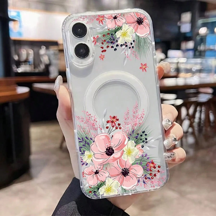 Floral Mobile Phone Case, Designed With Pink Flowers And Greenery Accents, Suitable For IPhone 16, 15, 14, 13, 12 And 11 Pro Models, Made Of TPU Material, And Provides Shockproof Protection. Perfect F