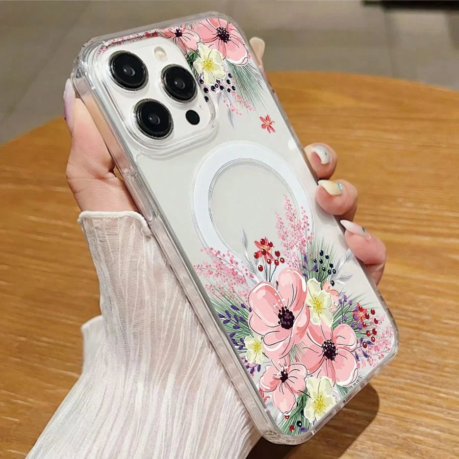 Floral Mobile Phone Case, Designed With Pink Flowers And Greenery Accents, Suitable For IPhone 16, 15, 14, 13, 12 And 11 Pro Models, Made Of TPU Material, And Provides Shockproof Protection. Perfect F