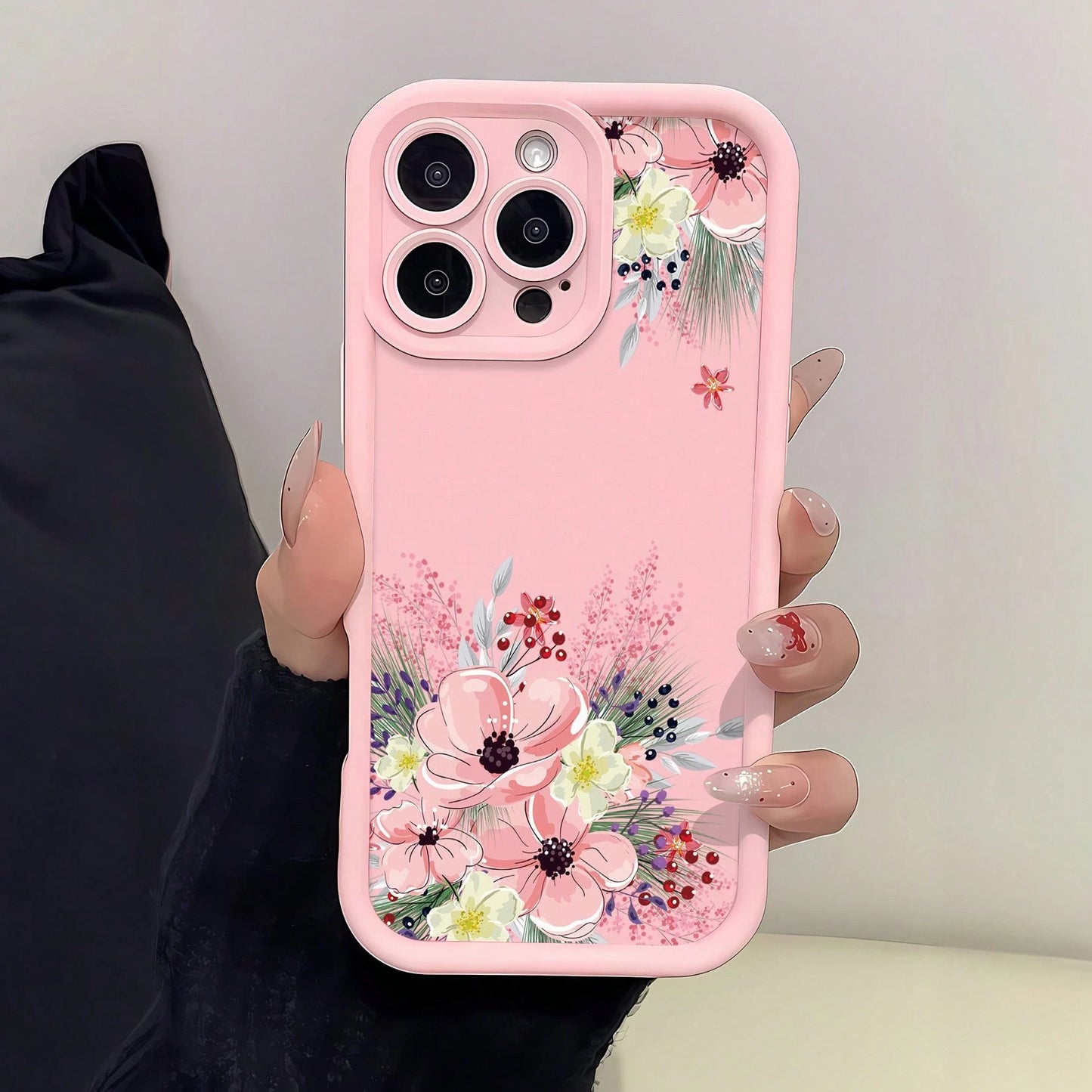 Floral Mobile Phone Case, Designed With Pink Flowers And Greenery Accents, Suitable For IPhone 16, 15, 14, 13, 12 And 11 Pro Models, Made Of TPU Material, And Provides Shockproof Protection. Perfect F