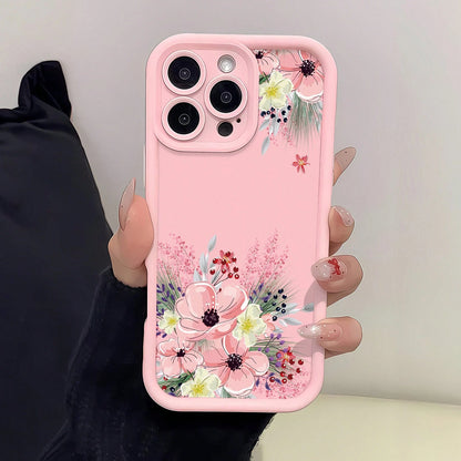 Floral Mobile Phone Case, Designed With Pink Flowers And Greenery Accents, Suitable For IPhone 16, 15, 14, 13, 12 And 11 Pro Models, Made Of TPU Material, And Provides Shockproof Protection. Perfect F