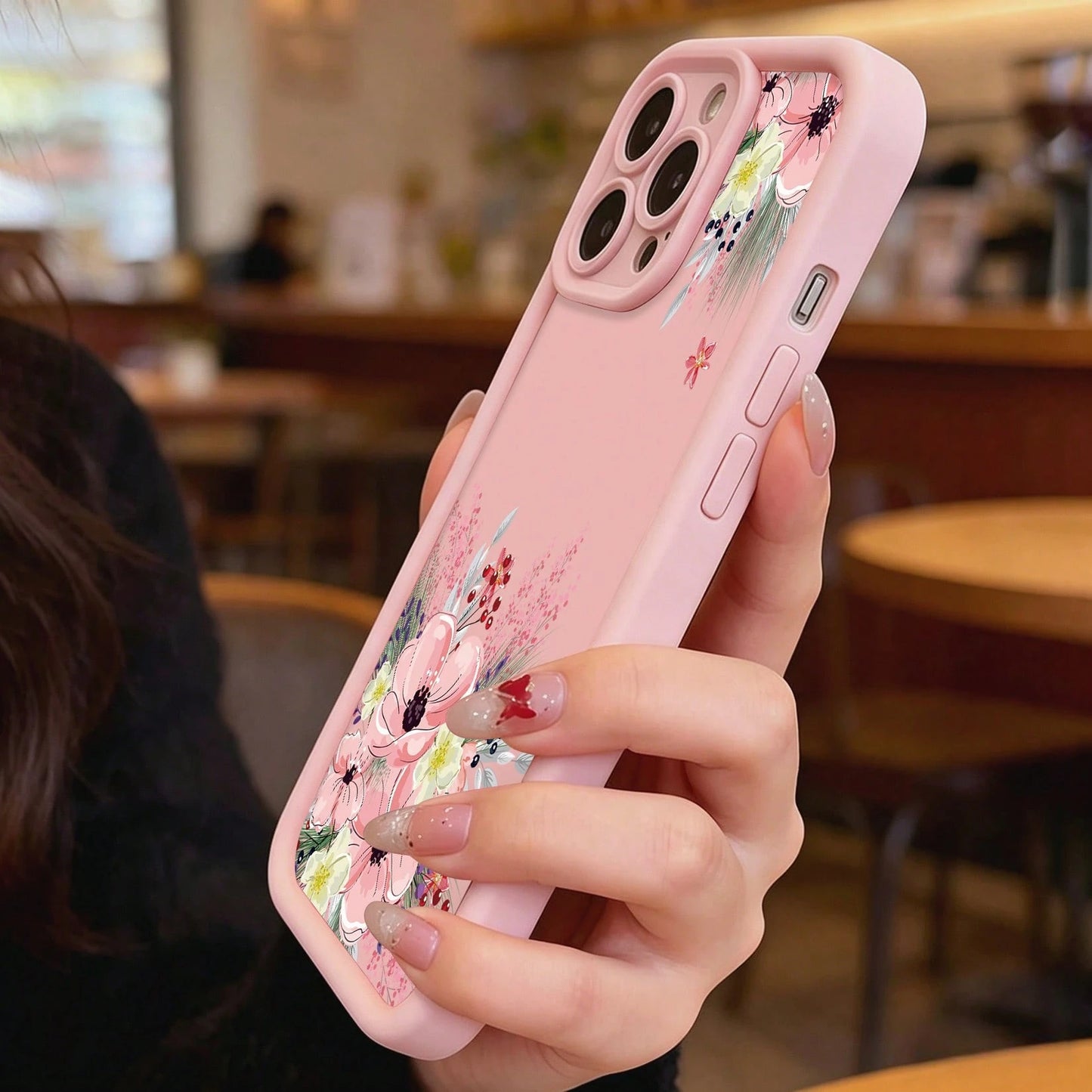 Floral Mobile Phone Case, Designed With Pink Flowers And Greenery Accents, Suitable For IPhone 16, 15, 14, 13, 12 And 11 Pro Models, Made Of TPU Material, And Provides Shockproof Protection. Perfect F