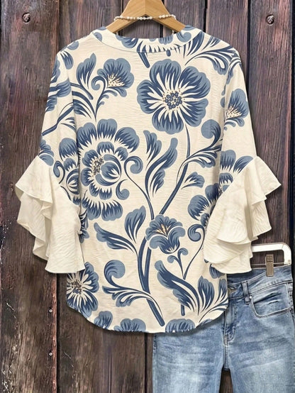 Floral Print Ruffle Collar Blouse, Polyester Fabric, Suitable For Vacation, Daily Wear, Travel, Spring/Summer