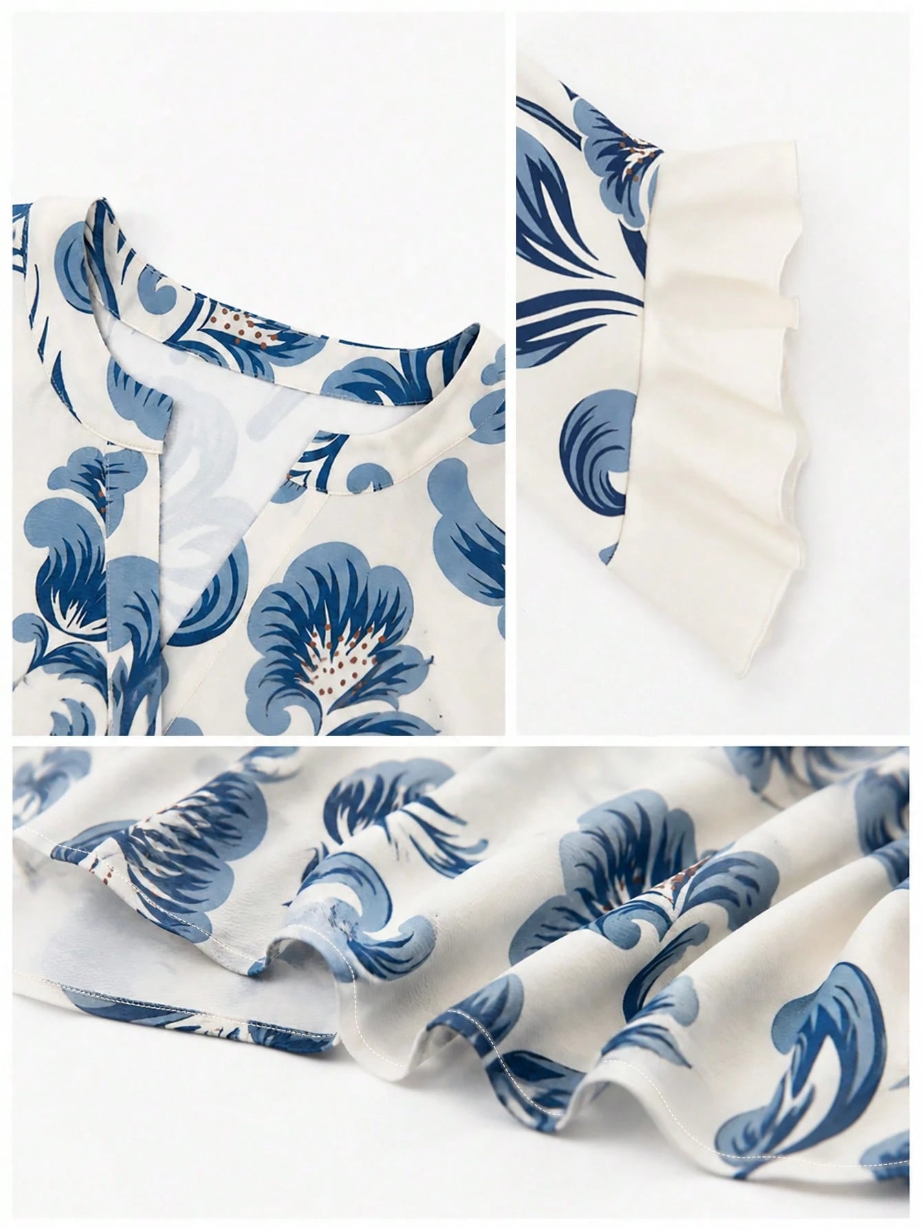Floral Print Ruffle Collar Blouse, Polyester Fabric, Suitable For Vacation, Daily Wear, Travel, Spring/Summer
