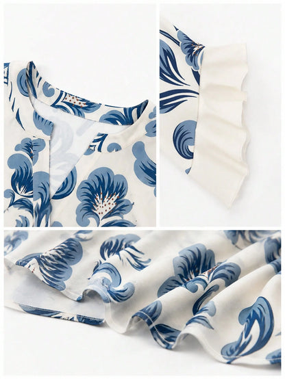 Floral Print Ruffle Collar Blouse, Polyester Fabric, Suitable For Vacation, Daily Wear, Travel, Spring/Summer