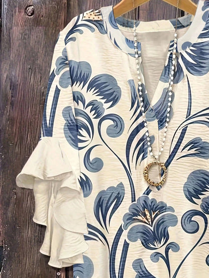 Floral Print Ruffle Collar Blouse, Polyester Fabric, Suitable For Vacation, Daily Wear, Travel, Spring/Summer