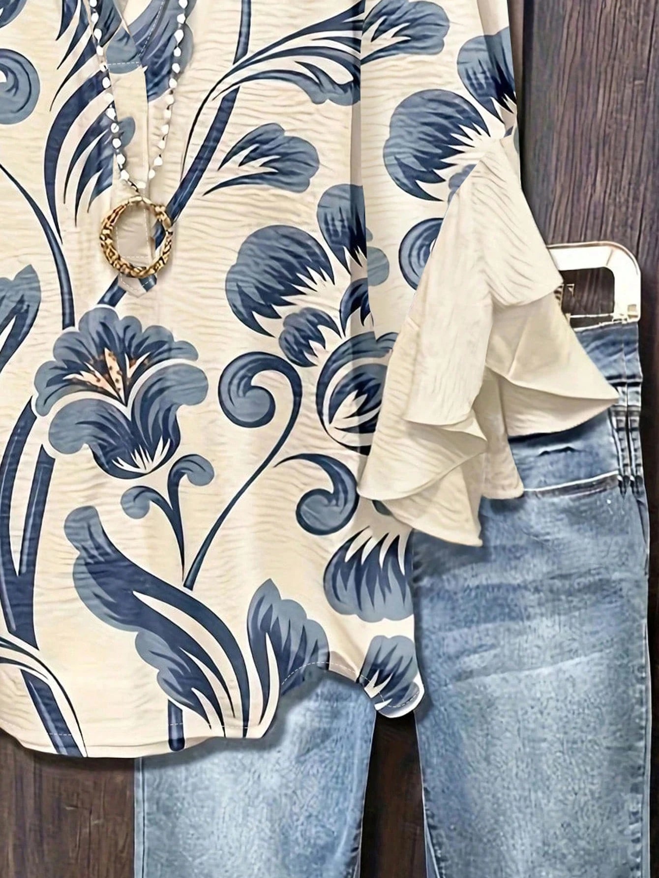 Floral Print Ruffle Collar Blouse, Polyester Fabric, Suitable For Vacation, Daily Wear, Travel, Spring/Summer