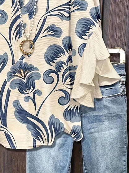Floral Print Ruffle Collar Blouse, Polyester Fabric, Suitable For Vacation, Daily Wear, Travel, Spring/Summer