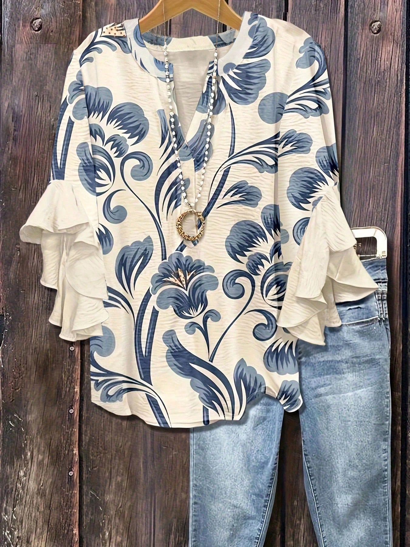 Floral Print Ruffle Collar Blouse, Polyester Fabric, Suitable For Vacation, Daily Wear, Travel, Spring/Summer