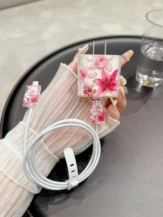 Floral Series TPU 4pcs Floral Pattern Transparent TPU Charger Protector Case Compatible With Apple 15/16/17 Compatible With 18W/20W Adapter Includes Cable And Plug Cover Ideal Gift Spring Mother's Day