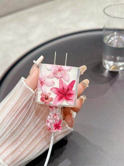 Floral Series TPU 4pcs Floral Pattern Transparent TPU Charger Protector Case Compatible With Apple 15/16/17 Compatible With 18W/20W Adapter Includes Cable And Plug Cover Ideal Gift Spring Mother's Day