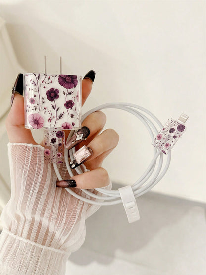 Floral Series TPU 4pcs Floral Pattern Transparent TPU Charger Protector Case Compatible With Apple 15/16/17 Compatible With 18W/20W Adapter Includes Cable And Plug Cover Ideal Gift Spring Mother's Day