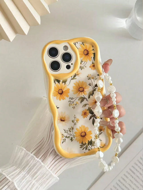 Floral Shockproof Novelty Case Yellow Daisy Painted Cream Textured Wavy Edge Anti-Drop Phone Case With Beaded Bracelet Accessory, Compatible With IPhone 17pro/17Air/17/17promax16/11/16pro/16plus/16pr