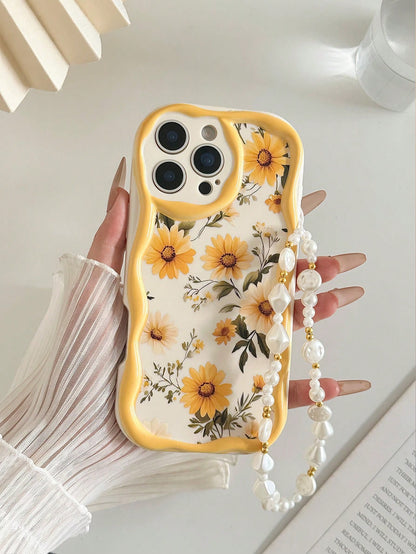 Floral Shockproof Novelty Case Yellow Daisy Painted Cream Textured Wavy Edge Anti-Drop Phone Case With Beaded Bracelet Accessory, Compatible With IPhone 17pro/17Air/17/17promax16/11/16pro/16plus/16pr