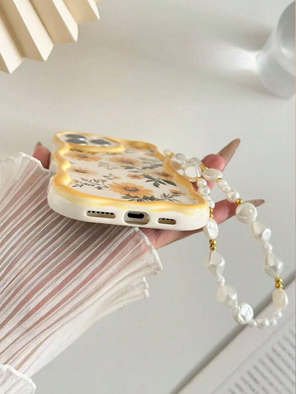 Floral Shockproof Novelty Case Yellow Daisy Painted Cream Textured Wavy Edge Anti-Drop Phone Case With Beaded Bracelet Accessory, Compatible With IPhone 17pro/17Air/17/17promax16/11/16pro/16plus/16pr