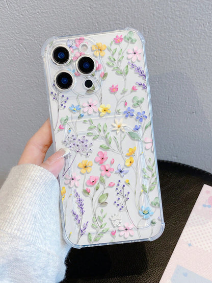 Floral TPU Cardholder 1pc Floral Print Pattern Transparent Shockproof TPU Phone Case, Can Be Used As Holiday Gift, Compatible With Iphone XS/XS Max/XR/11 12 13 14 15 16 Pro 17/Pro Max/14 15 16 Plus, C
