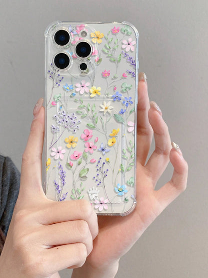 Floral TPU Cardholder 1pc Floral Print Pattern Transparent Shockproof TPU Phone Case, Can Be Used As Holiday Gift, Compatible With Iphone XS/XS Max/XR/11 12 13 14 15 16 Pro 17/Pro Max/14 15 16 Plus, C