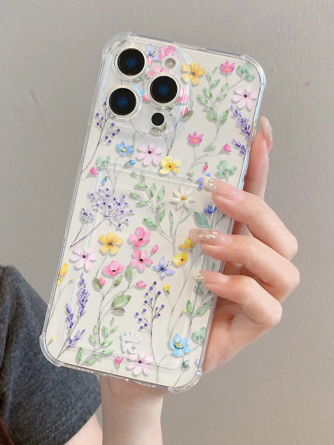 Floral TPU Cardholder 1pc Floral Print Pattern Transparent Shockproof TPU Phone Case, Can Be Used As Holiday Gift, Compatible With Iphone XS/XS Max/XR/11 12 13 14 15 16 Pro 17/Pro Max/14 15 16 Plus, C