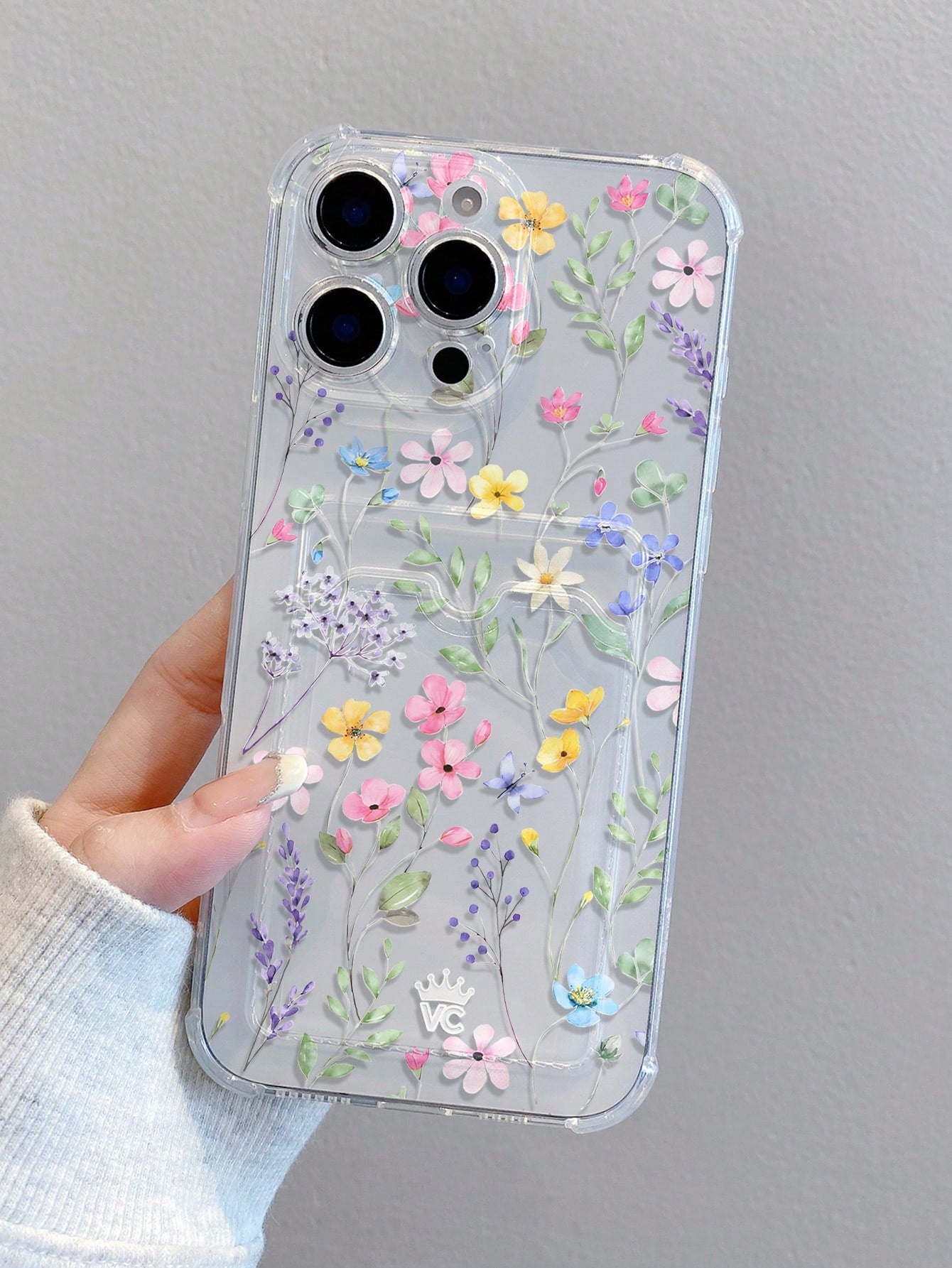 Floral TPU Cardholder 1pc Floral Print Pattern Transparent Shockproof TPU Phone Case, Can Be Used As Holiday Gift, Compatible With Iphone XS/XS Max/XR/11 12 13 14 15 16 Pro 17/Pro Max/14 15 16 Plus, C