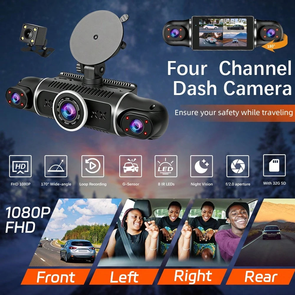 FOXGOD 360° Panoramic Car Dash Cam For Vehicles, FHD 4*1080P Car Driving Recorder With Ajustable Left And Right Lens, Built-In Wifi, Wifi Connection, Audio Recording, Superior Night Vision, Motion D