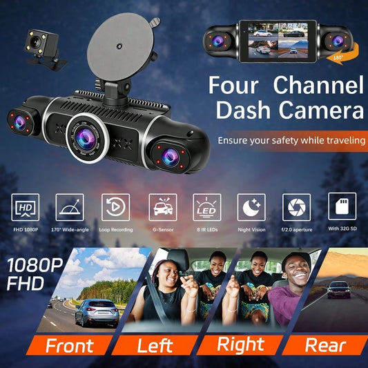 FOXGOD 360° Panoramic Car Dash Cam For Vehicles, FHD 4*1080P Car Driving Recorder With Ajustable Left And Right Lens, Built-In Wifi, Wifi Connection, Audio Recording, Superior Night Vision, Motion D