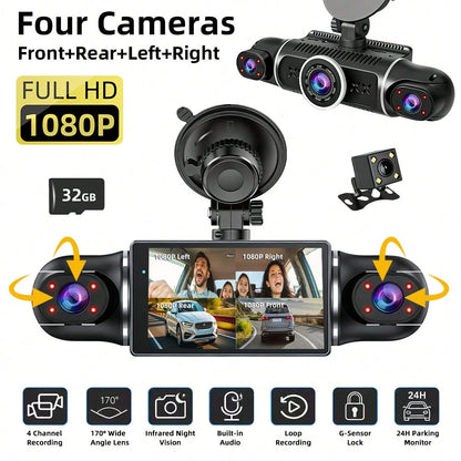 FOXGOD 360° Panoramic Car Dash Cam For Vehicles, FHD 4*1080P Car Driving Recorder With Ajustable Left And Right Lens, Built-In Wifi, Wifi Connection, Audio Recording, Superior Night Vision, Motion D