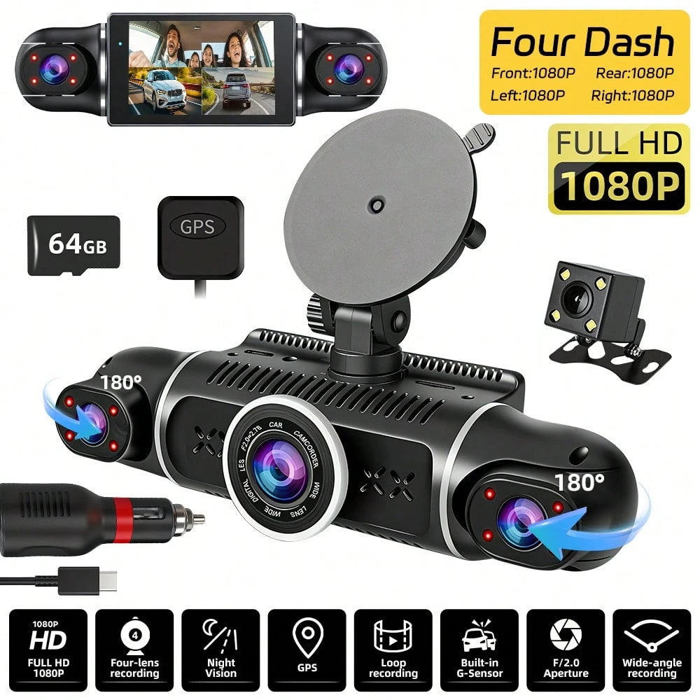 [FOXGOD]Dash Cam For Vehicles, FHD 4*1080P Car Driving Recorder With Ajustable Left And Right Lens, Built-In Wifi & GPS, Wifi Connection, Audio Recording, Superior Night Vision, Motion Detection, With