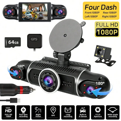 [FOXGOD]Dash Cam For Vehicles, FHD 4*1080P Car Driving Recorder With Ajustable Left And Right Lens, Built-In Wifi & GPS, Wifi Connection, Audio Recording, Superior Night Vision, Motion Detection, With