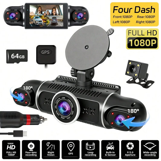 [FOXGOD]Dash Cam For Vehicles, FHD 4*1080P Car Driving Recorder With Ajustable Left And Right Lens, Built-In Wifi & GPS, Wifi Connection, Audio Recording, Superior Night Vision, Motion Detection, With