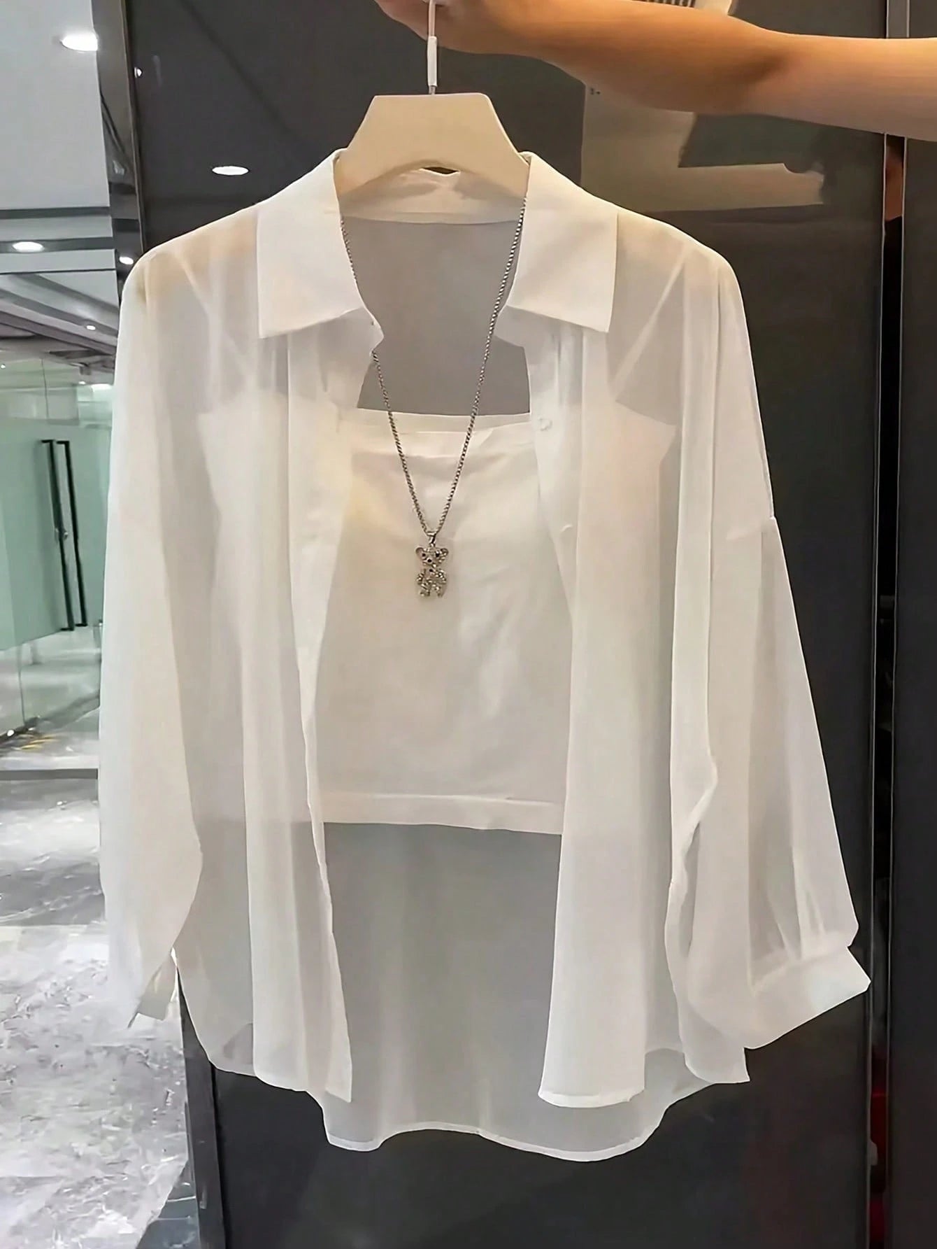 Franclia Basic Transparent Plain Simple Collared Shirt,Long Sleeve Tops Fall Cloth For Women