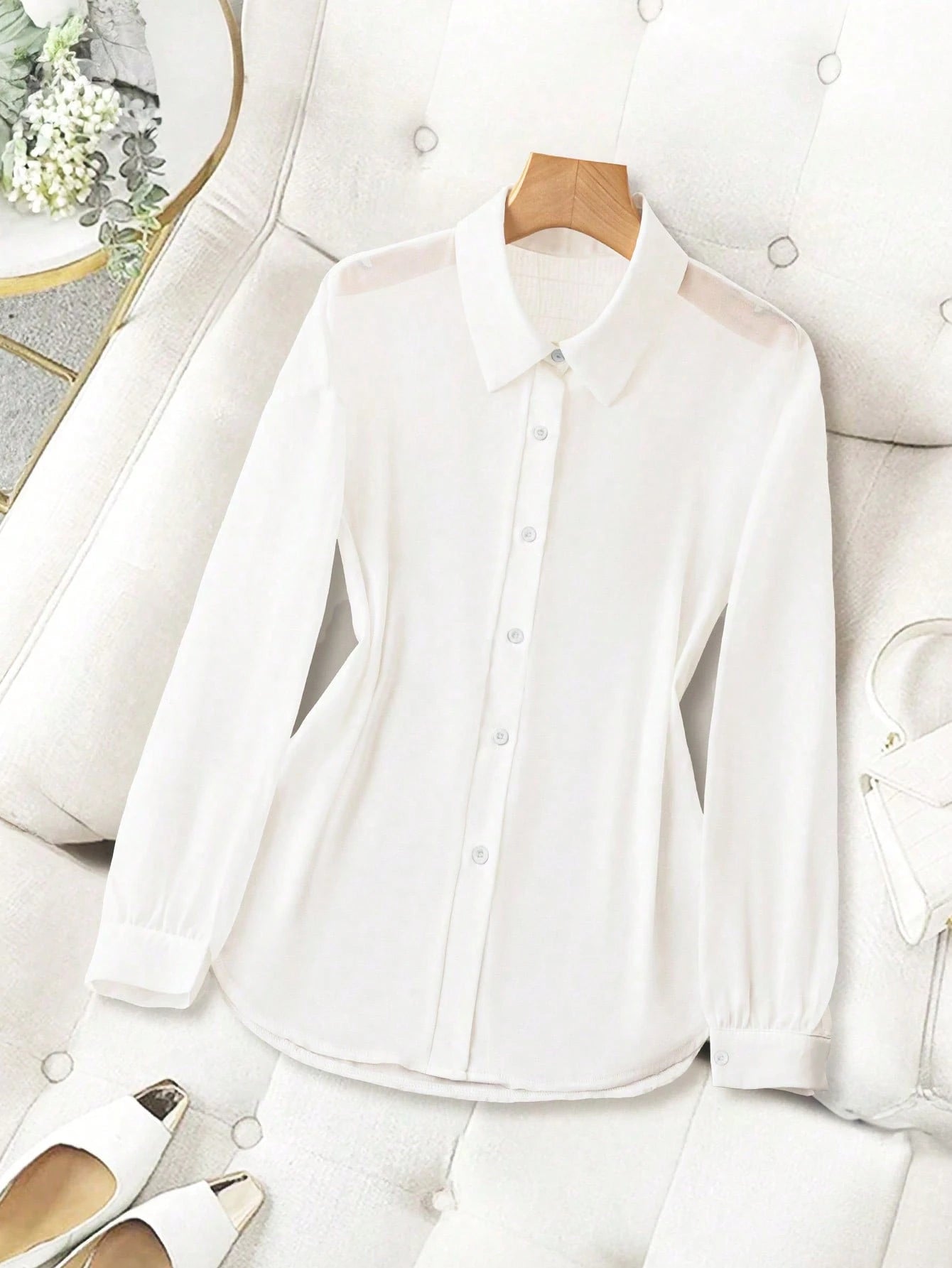 Franclia Basic Transparent Plain Simple Collared Shirt,Long Sleeve Tops Fall Cloth For Women