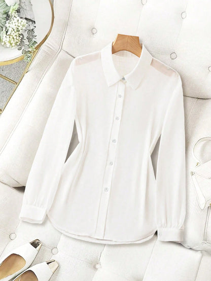 Franclia Basic Transparent Plain Simple Collared Shirt,Long Sleeve Tops Fall Cloth For Women