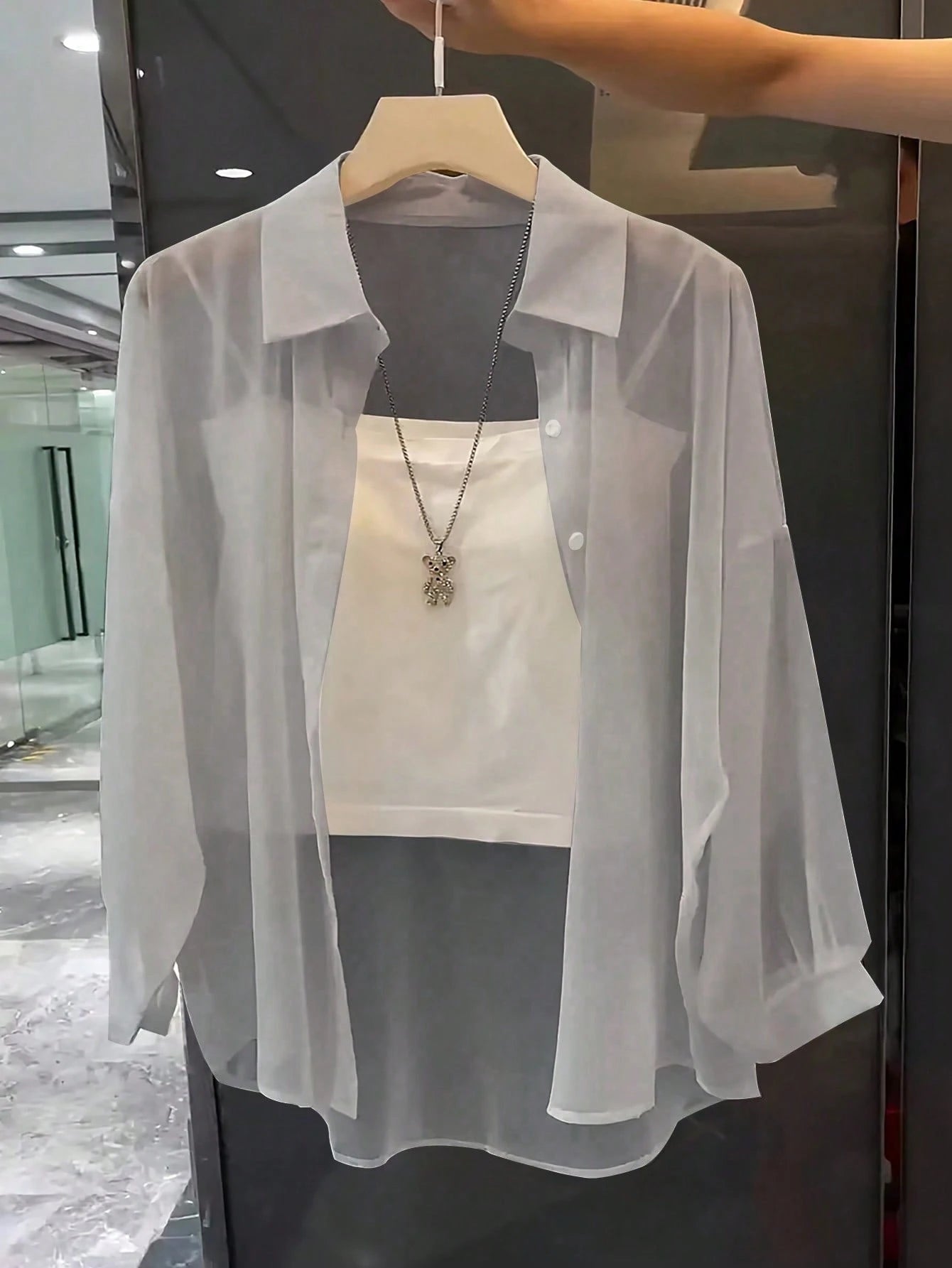 Franclia Basic Transparent Plain Simple Collared Shirt,Long Sleeve Tops Fall Cloth For Women