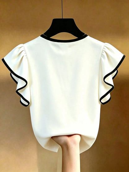 Franclia Black And White Contrast Color T-Shirt Made Of Skin-Friendly Elastic Fabric, Comfortable To Wear. Round Neck With Contrast Color Trim, Simple Yet Exquisite; Flutter Sleeve Design Is Gen