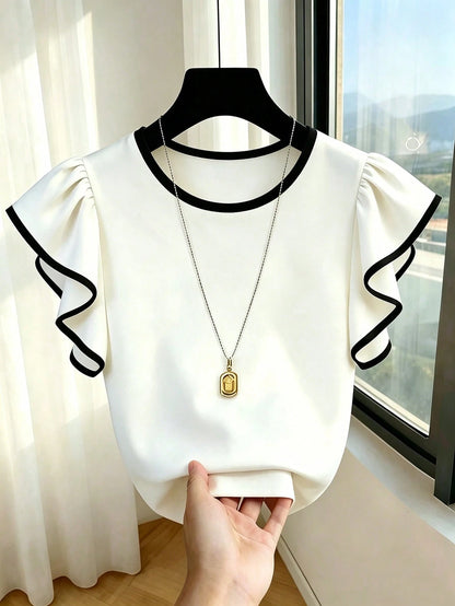Franclia Black And White Contrast Color T-Shirt Made Of Skin-Friendly Elastic Fabric, Comfortable To Wear. Round Neck With Contrast Color Trim, Simple Yet Exquisite; Flutter Sleeve Design Is Gen