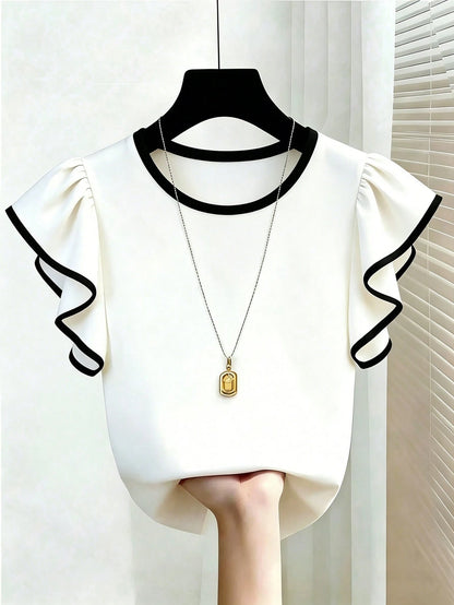 Franclia Black And White Contrast Color T-Shirt Made Of Skin-Friendly Elastic Fabric, Comfortable To Wear. Round Neck With Contrast Color Trim, Simple Yet Exquisite; Flutter Sleeve Design Is Gen