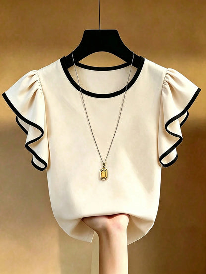 Franclia Black And White Contrast Color T-Shirt Made Of Skin-Friendly Elastic Fabric, Comfortable To Wear. Round Neck With Contrast Color Trim, Simple Yet Exquisite; Flutter Sleeve Design Is Gen