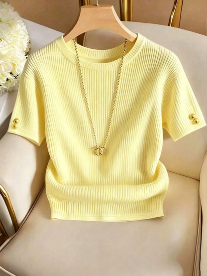 Franclia Elegant Round Neck Knit T-Shirt, Minimalist Fashion Knit T-Shirt, New Arrival Summer
