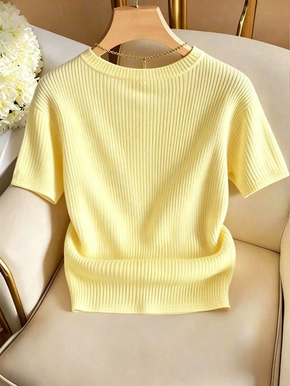 Franclia Elegant Round Neck Knit T-Shirt, Minimalist Fashion Knit T-Shirt, New Arrival Summer