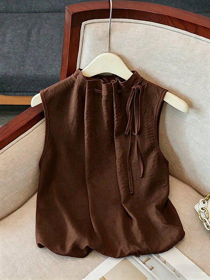 Franclia Elegant Sleeveless Elastic Waist Loose Neckline Drawstring Textured Woven White Blouse For Women, Spring/Summer