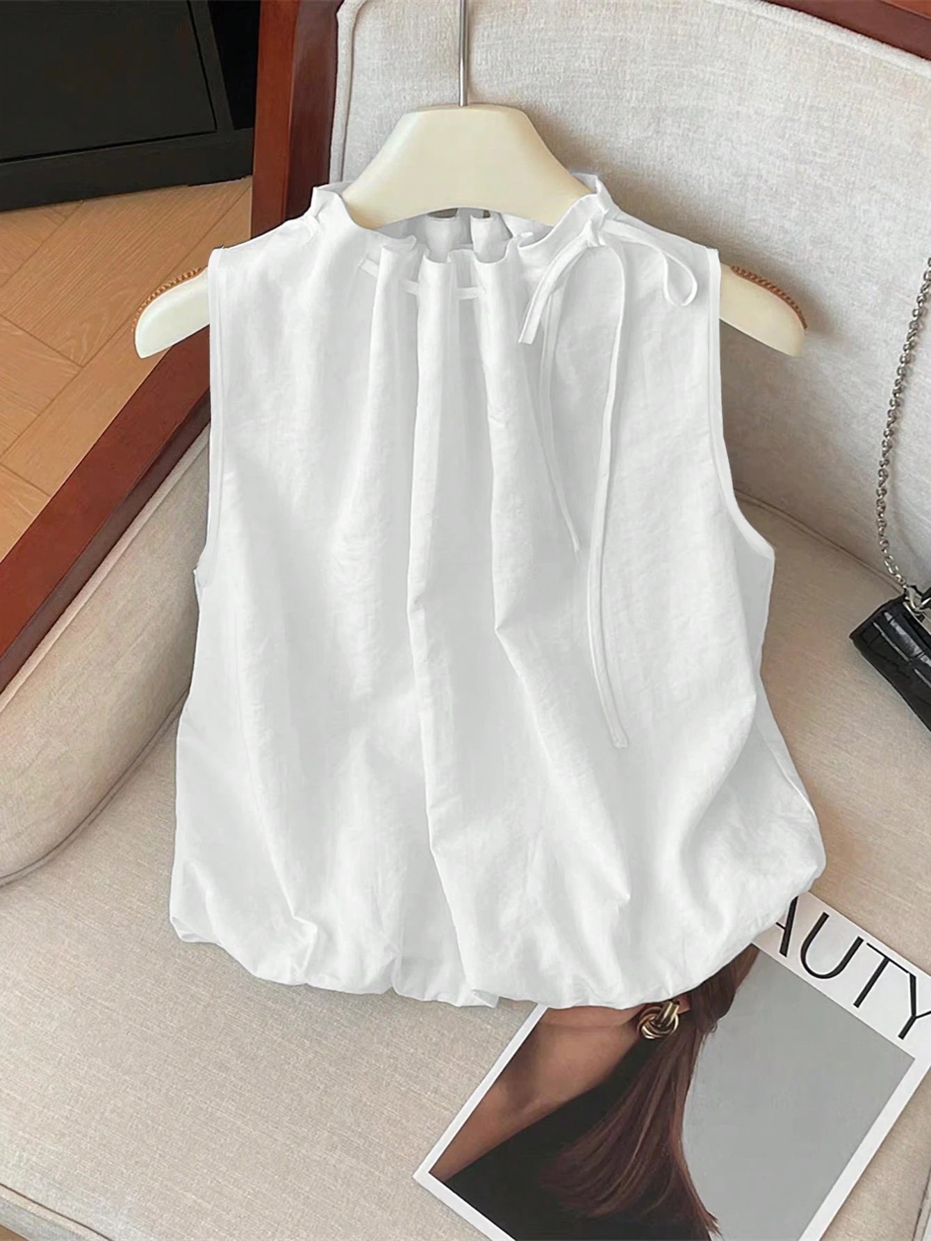 Franclia Elegant Sleeveless Elastic Waist Loose Neckline Drawstring Textured Woven White Blouse For Women, Spring/Summer