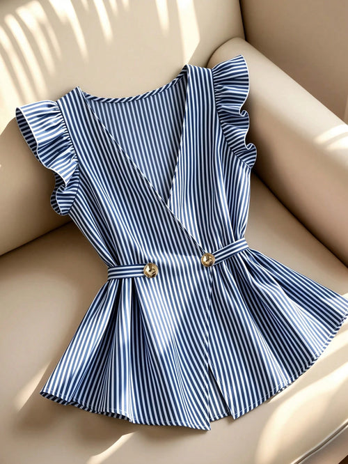 Franclia Navy And White Stripe Women's Elegant Coastal Ruffled-Sleeve Shirts Summer Office Vacation Work Casual Blouses Business Formal Graduation Beach Tops