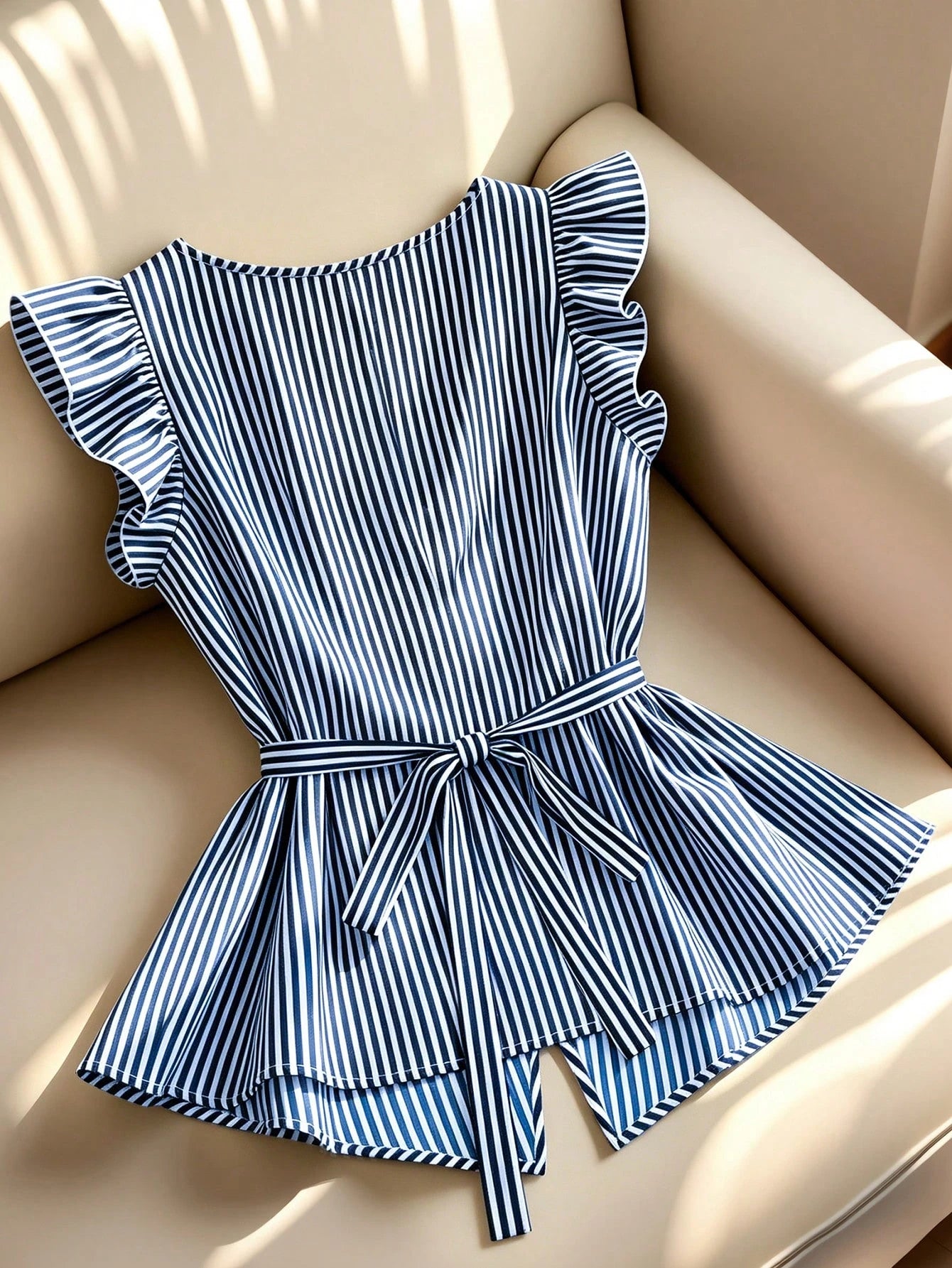Franclia Navy And White Stripe Women's Elegant Coastal Ruffled-Sleeve Shirts Summer Office Vacation Work Casual Blouses Business Formal Graduation Beach Tops