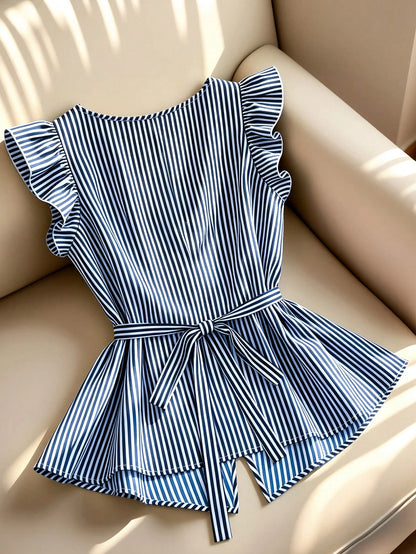 Franclia Navy And White Stripe Women's Elegant Coastal Ruffled-Sleeve Shirts Summer Office Vacation Work Casual Blouses Business Formal Graduation Beach Tops