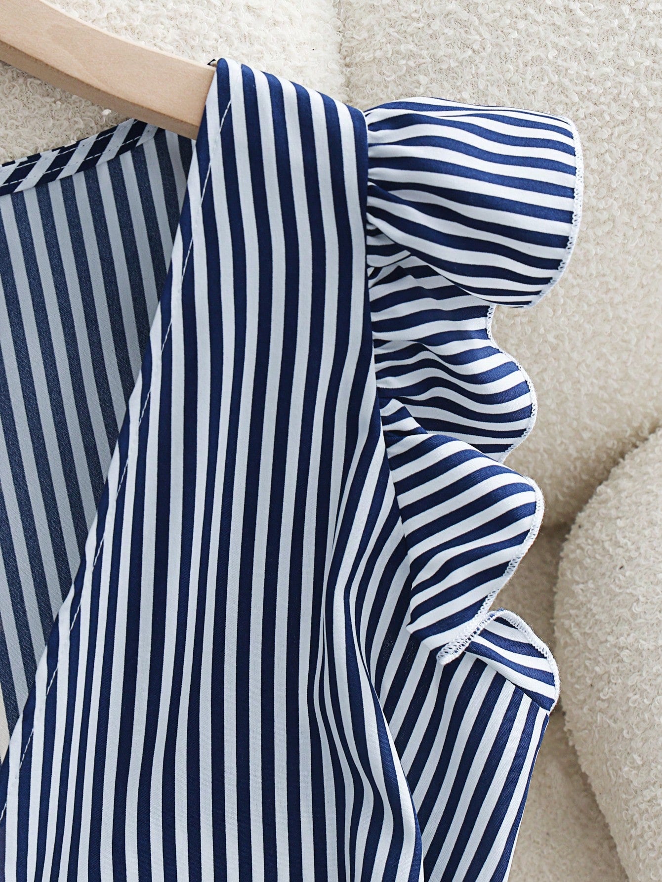 Franclia Navy And White Stripe Women's Elegant Coastal Ruffled-Sleeve Shirts Summer Office Vacation Work Casual Blouses Business Formal Graduation Beach Tops