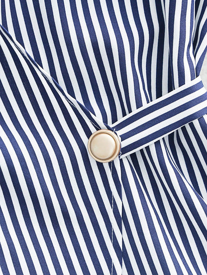 Franclia Navy And White Stripe Women's Elegant Coastal Ruffled-Sleeve Shirts Summer Office Vacation Work Casual Blouses Business Formal Graduation Beach Tops