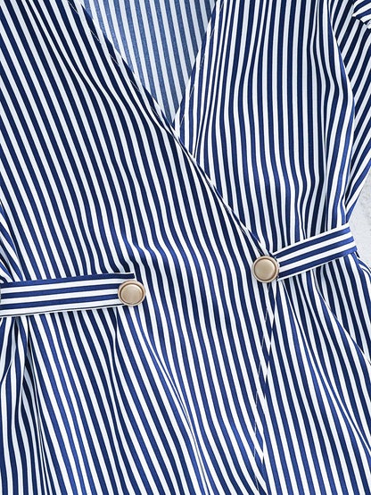 Franclia Navy And White Stripe Women's Elegant Coastal Ruffled-Sleeve Shirts Summer Office Vacation Work Casual Blouses Business Formal Graduation Beach Tops