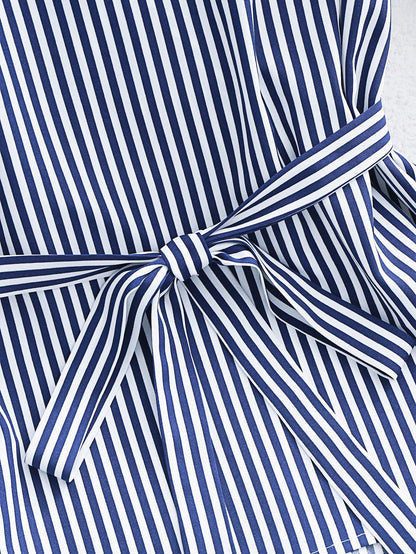 Franclia Navy And White Stripe Women's Elegant Coastal Ruffled-Sleeve Shirts Summer Office Vacation Work Casual Blouses Business Formal Graduation Beach Tops