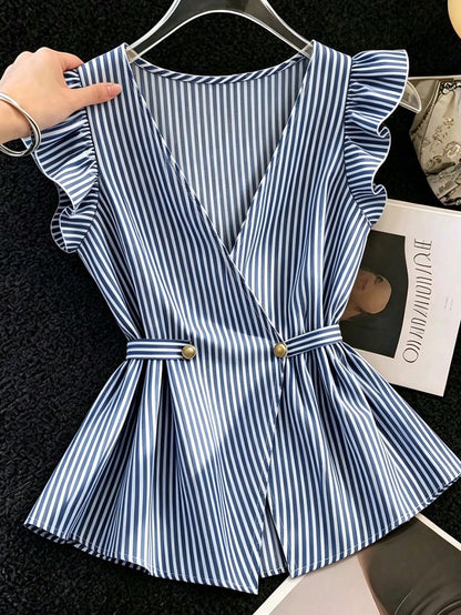 Franclia Navy And White Stripe Women's Elegant Coastal Ruffled-Sleeve Shirts Summer Office Vacation Work Casual Blouses Business Formal Graduation Beach Tops